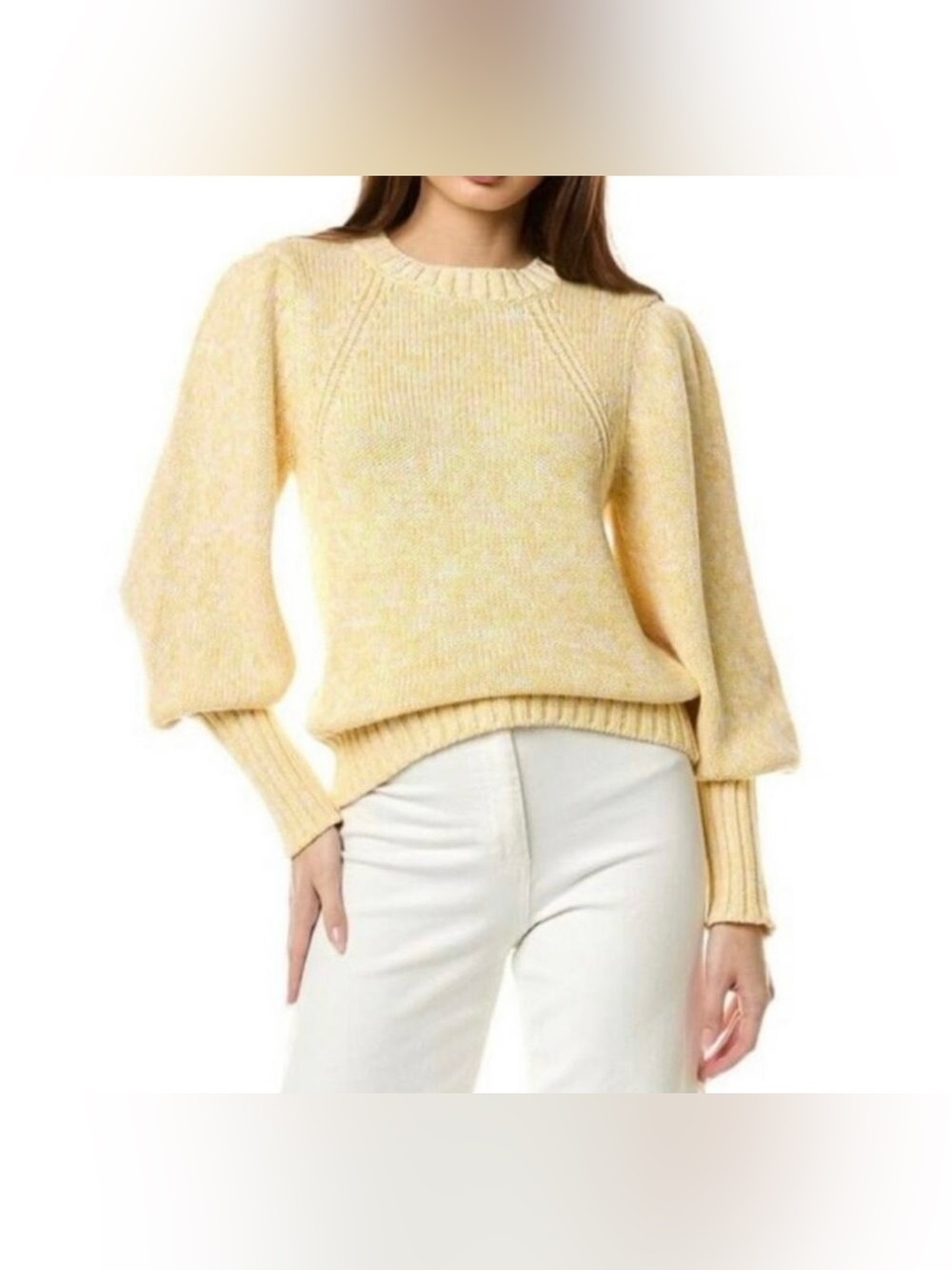 Elie Tahari Cotton Puff Sleeve Chunky Knit Sweater Butter Yellow Cream Small